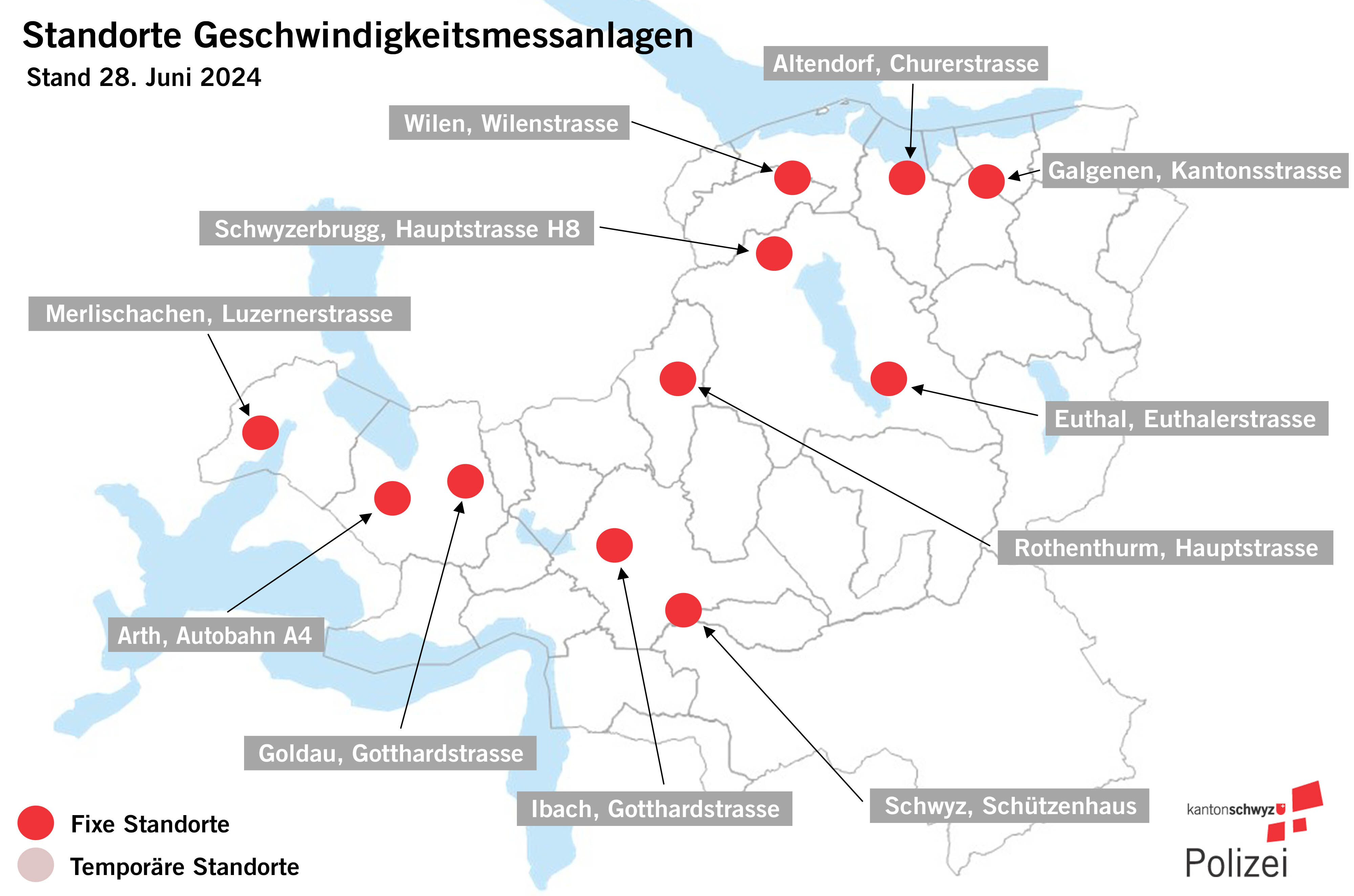 Standorte der Geschwindigkeitsmessanlagen im Kanton Schwyz